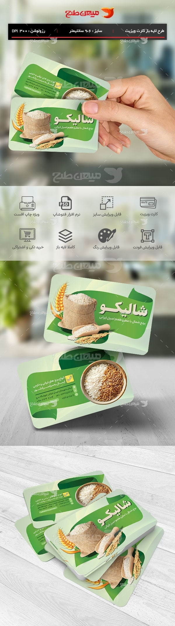 طرح لایه باز کارت ویزیت فروشگاه برنج و حبوبات