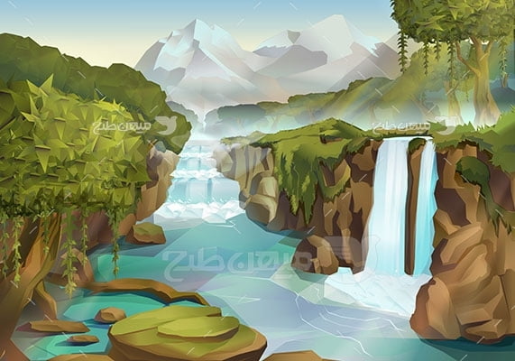 وکتور کاراکتر طبیعت آبشار روی صخره