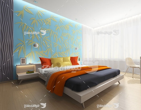 عکس اتاق خواب با دکور کاغذ دیواری و پرده های سفید