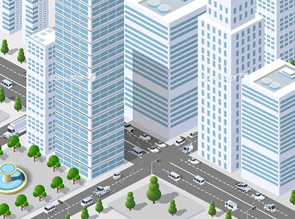 طرح گرافیکی وکتور سه بعدی شهر و ساختمان های آسمان خراش