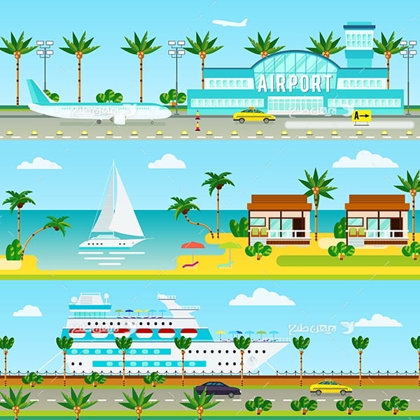 طرح وکتور گرافیکی با موضوع مسافرت و تفریحات ساحلی