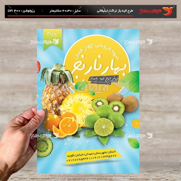 طرح لایه باز تراکت و پوستر تبلیغاتی میوه فروشی چهار فصل بهار نارنج