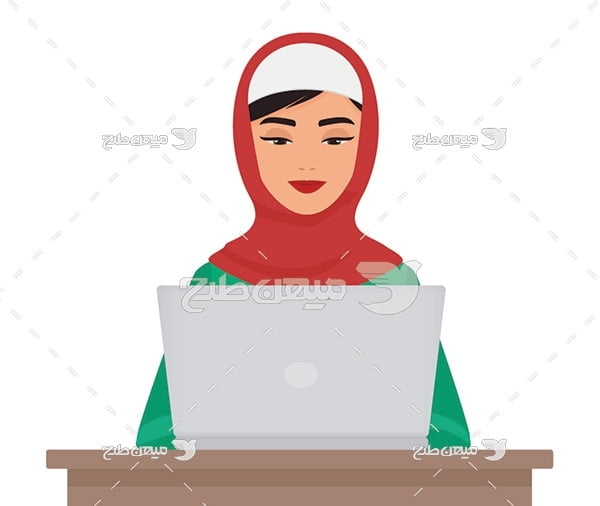 وکتور کاراکتر زن با حجاب و کار با رایانه