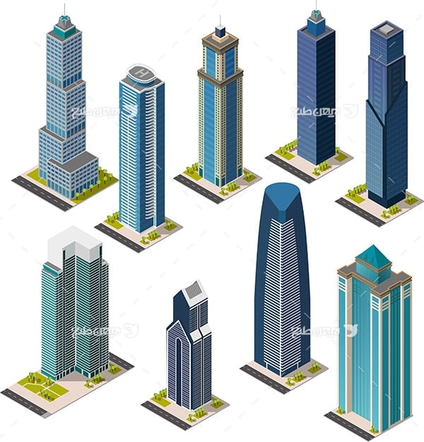 طرح گرافیکی وکتور سه بعدی ساختمان های آسمان خراش و بلند