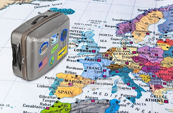 ﻿تصویر چمدان و نقشه کره زمین و کشورهای اروپا