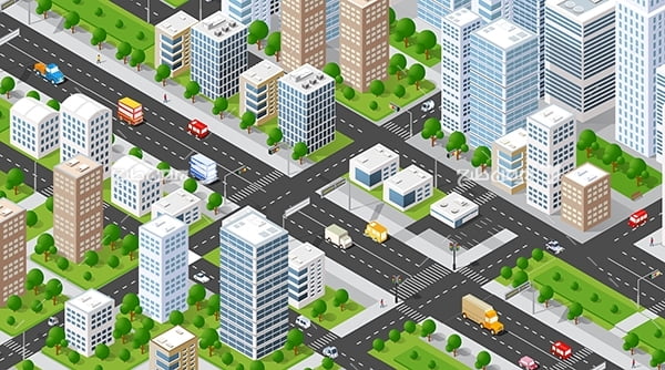 طرح گرافیکی وکتور سه بعدی شهر و ساختمان ، ماشین و چراغ قرمز و درخت