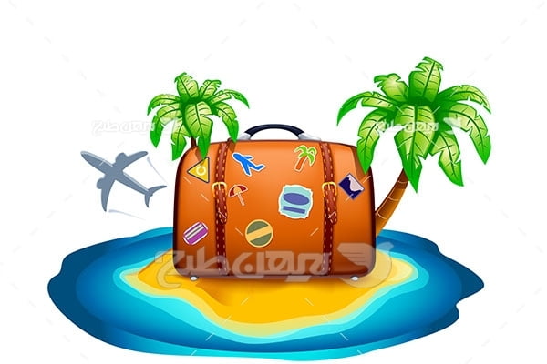 وکتور چمدان سفر و ساحل ، نخل ، دریا و هواپیما