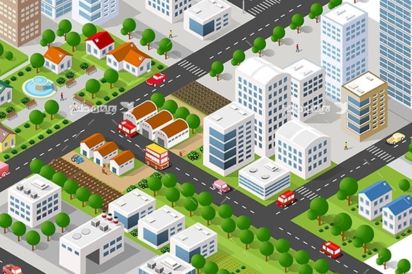 طرح گرافیکی وکتور سه بعدی شهر و ساختمان ، ماشین و درخت