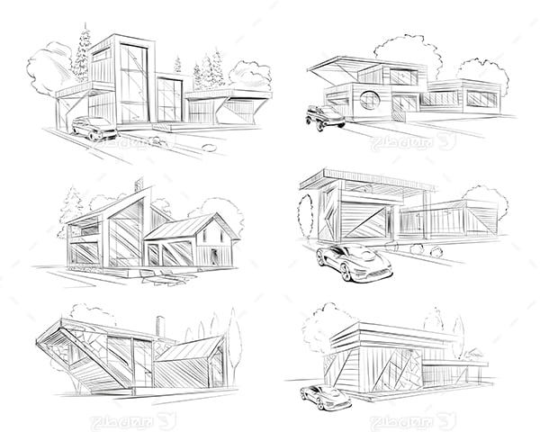 طرح گرافیکی وکتور - اسکیج خانه و ساختمان