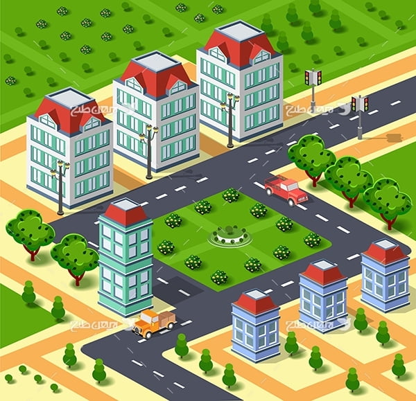 طرح گرافیکی وکتور سه بعدی شهر و ساختمان ، ماشین و درخت