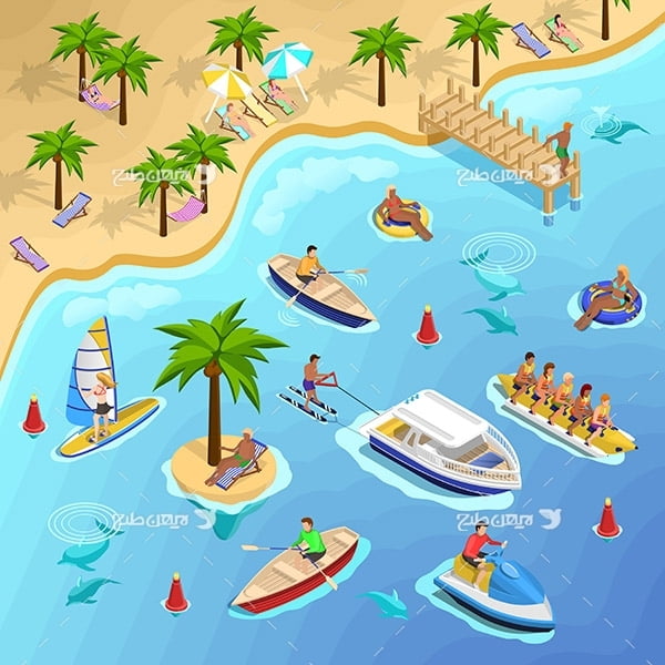 طرح وکتور گرافیکی با موضوع مسافرت ساحلی ، جزیره و قایق های تفریحی