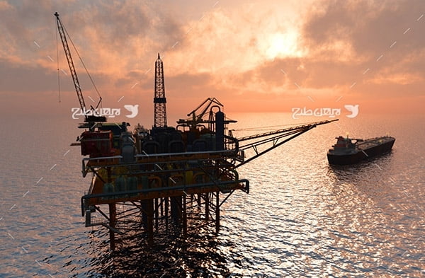 تصویر صنعتی از دکل نفت در دریا و نفتکش