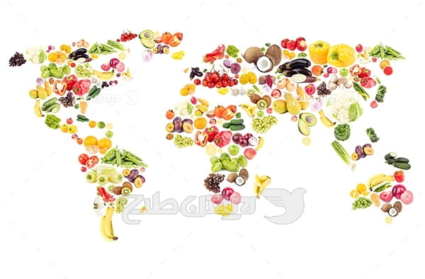 عکس نقشه جهان با میوه و سبزیجات