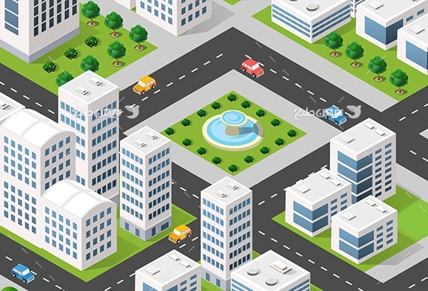 طرح گرافیکی وکتور سه بعدی ساختمان، شهر، درخت، خودرو