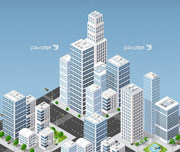 طرح گرافیکی وکتور سه بعدی شهر و ساختمان ، ماشین و چراغ قرمز و درخ