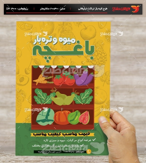 طرح لایه باز تراکت و پوستر تبلیغاتی میوه و تره بار