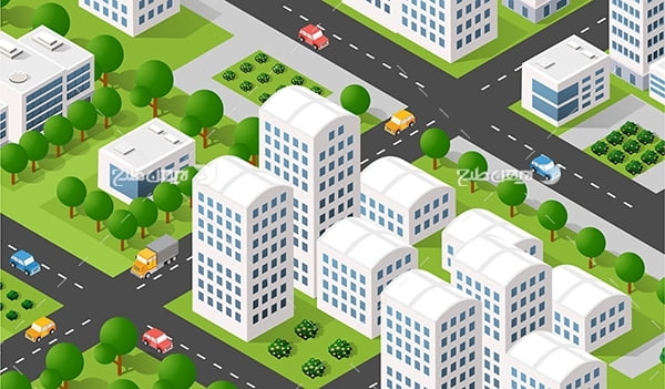 طرح گرافیکی وکتور سه بعدی ساختمان، شهر، درخت، خودرو