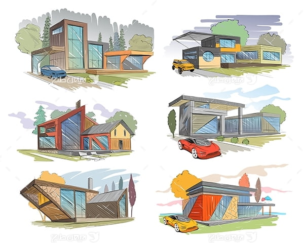 طرح گرافیکی وکتور - اسکیج نقاشی خانه و ساختمان