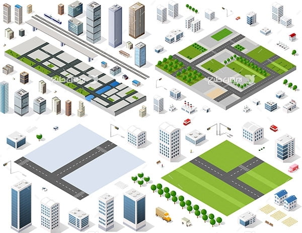 طرح گرافیکی وکتور سه بعدی ساختمان و شهر و جاده